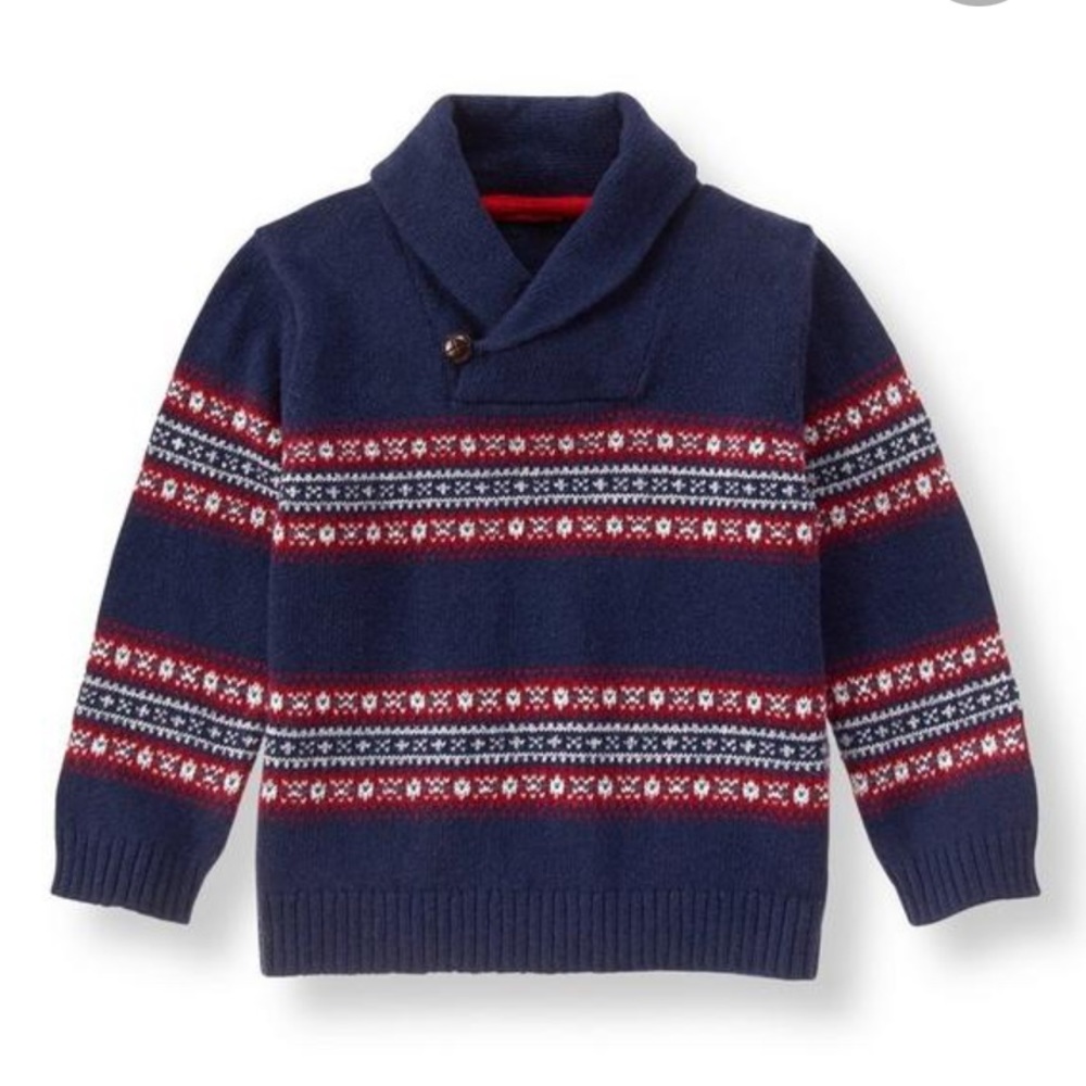 Janie and Jack Fair Isle Sweater Navy and Red Shawl Collar